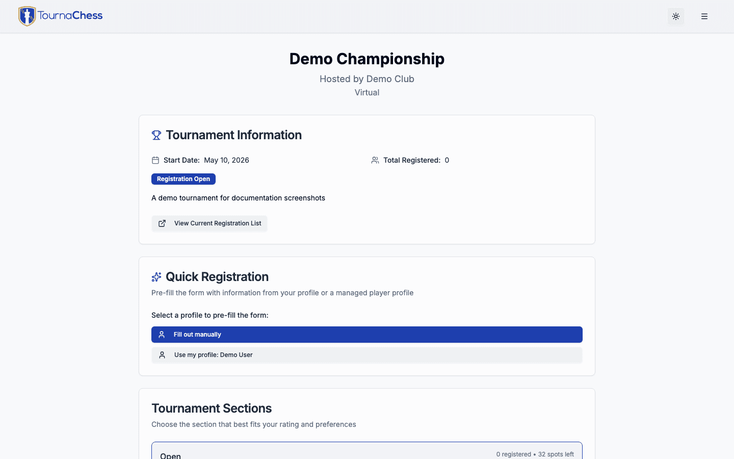 Public tournament registration page in TournaChess with custom fields and Stripe payment options