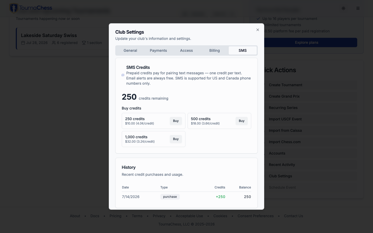 SMS credits tab in club settings