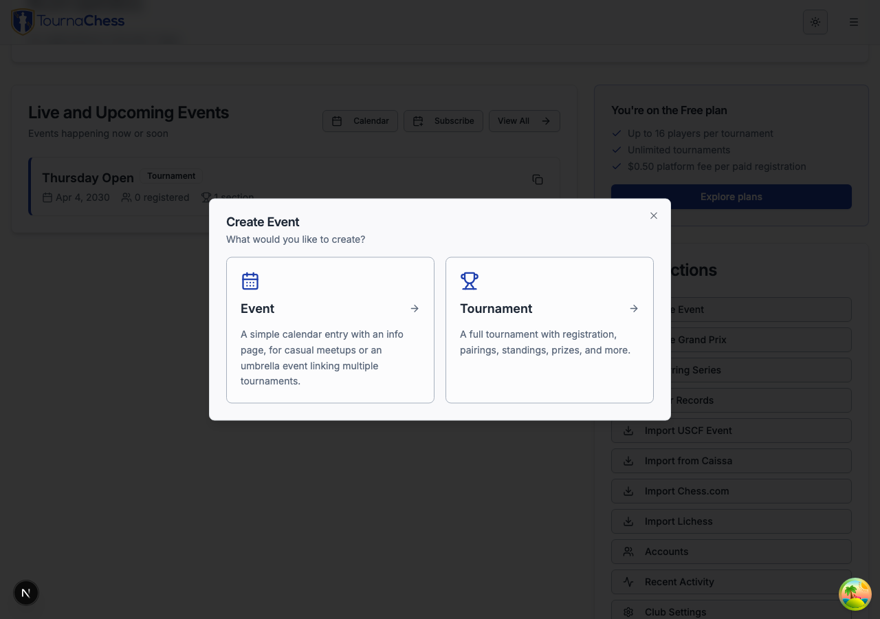 Create Event chooser with Event and Tournament cards