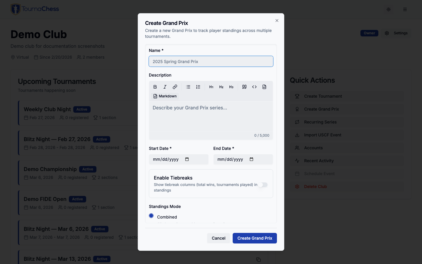 Grand Prix creation dialog
