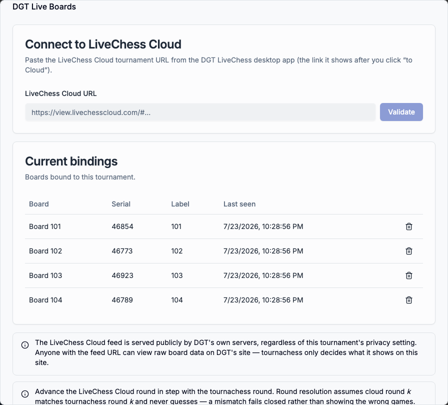 The DGT Live Boards settings panel, showing the connect field and the current bindings table