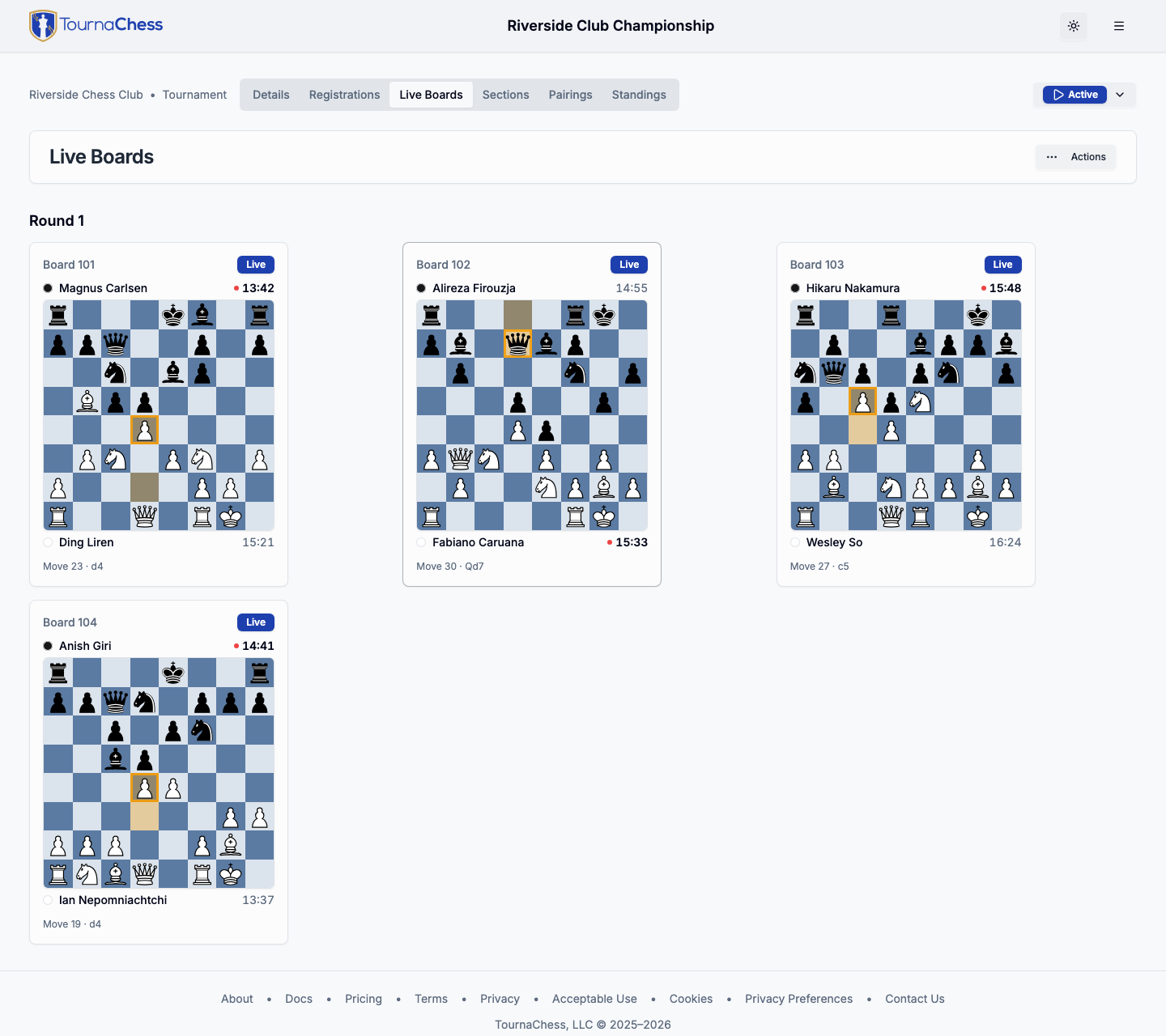 The Live Boards tab showing a grid of live board cards with positions, players, and clocks