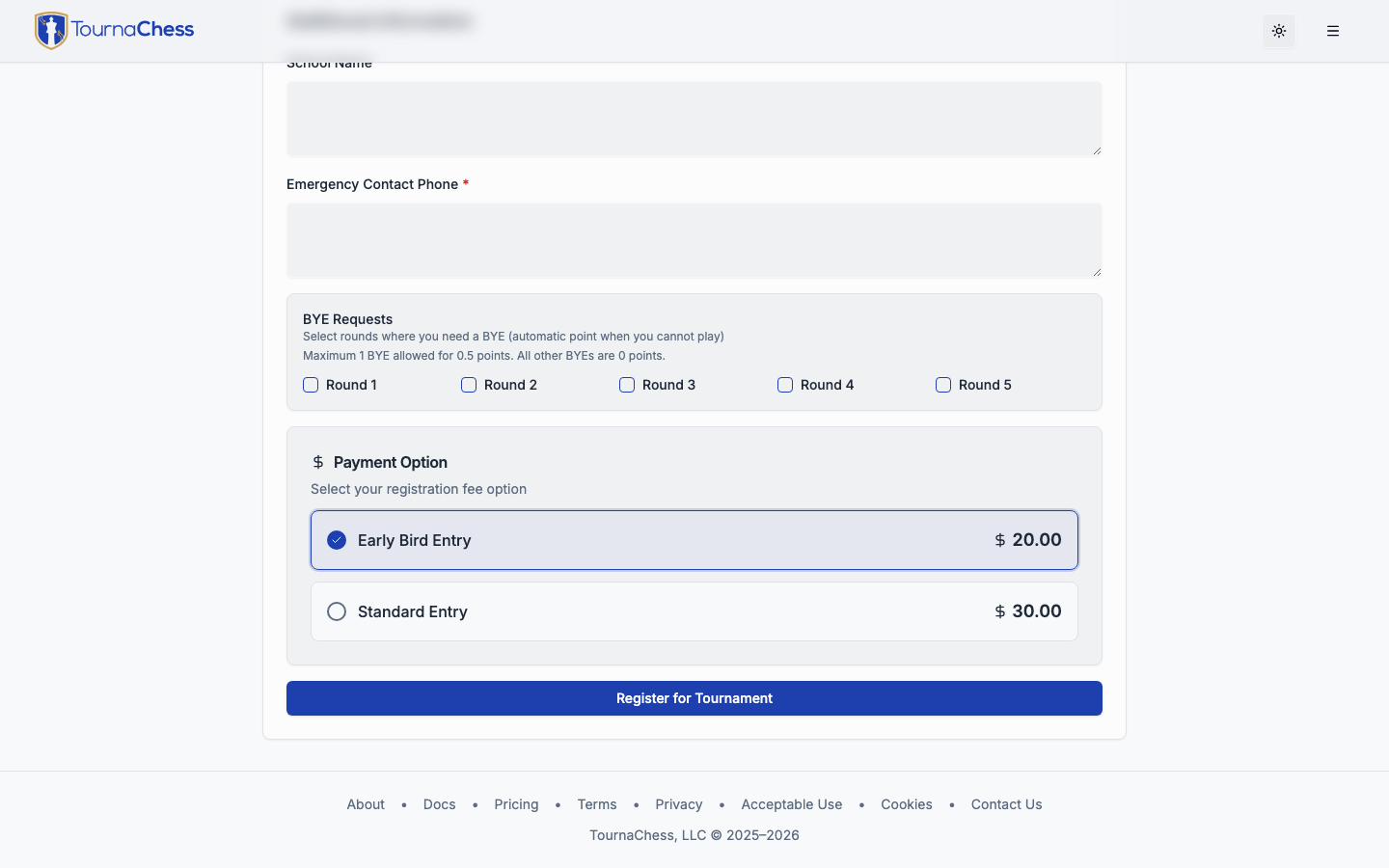 Bye request on registration form