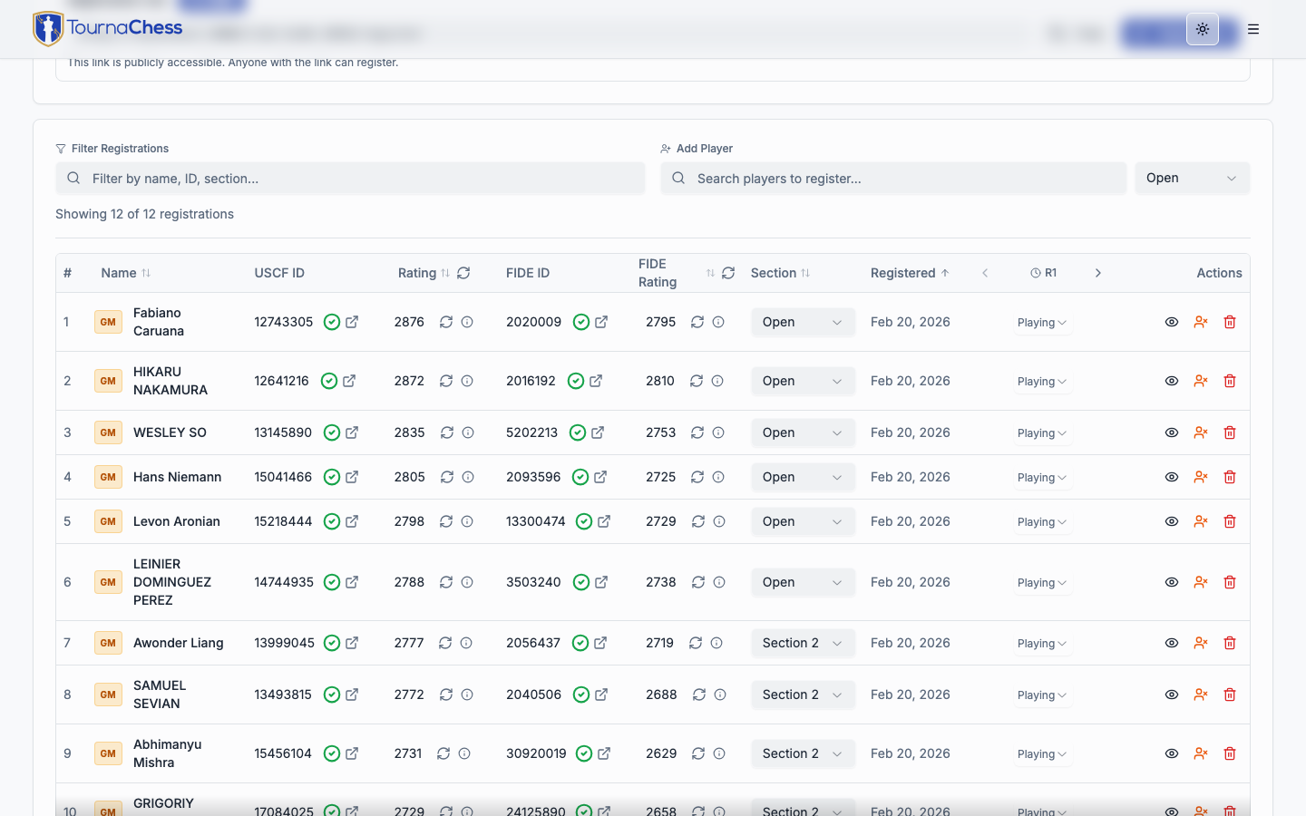 USCF ratings display