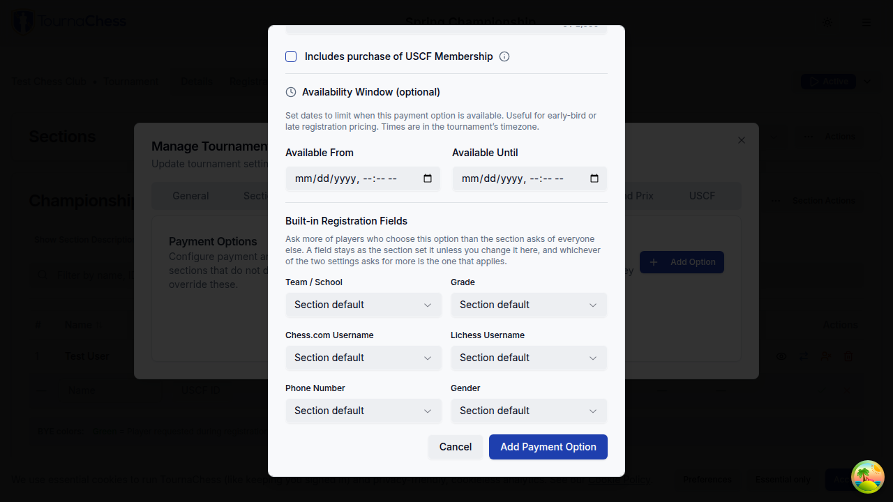 Built-in registration field settings on a payment option