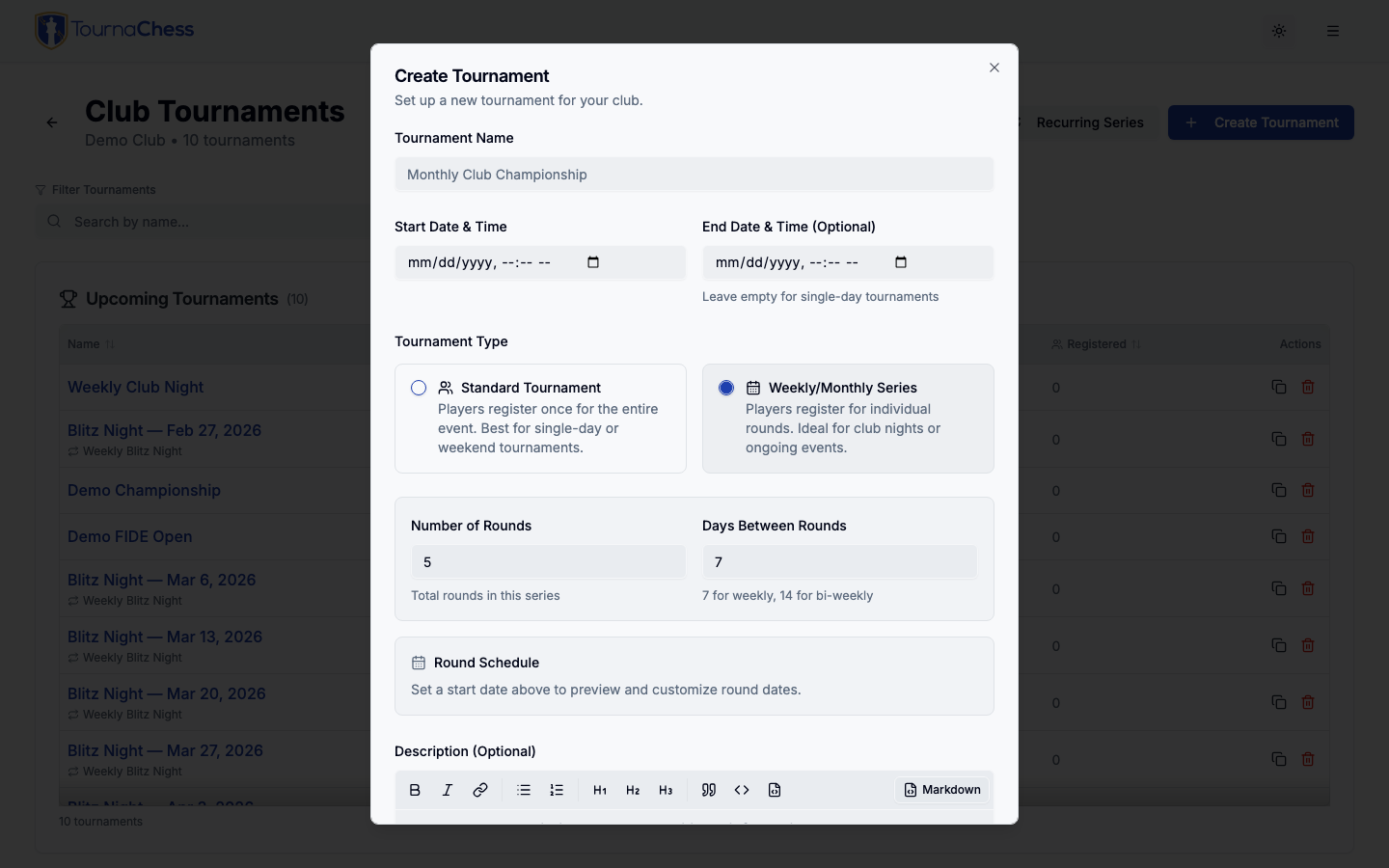Create Tournament dialog with Per Round mode selected
