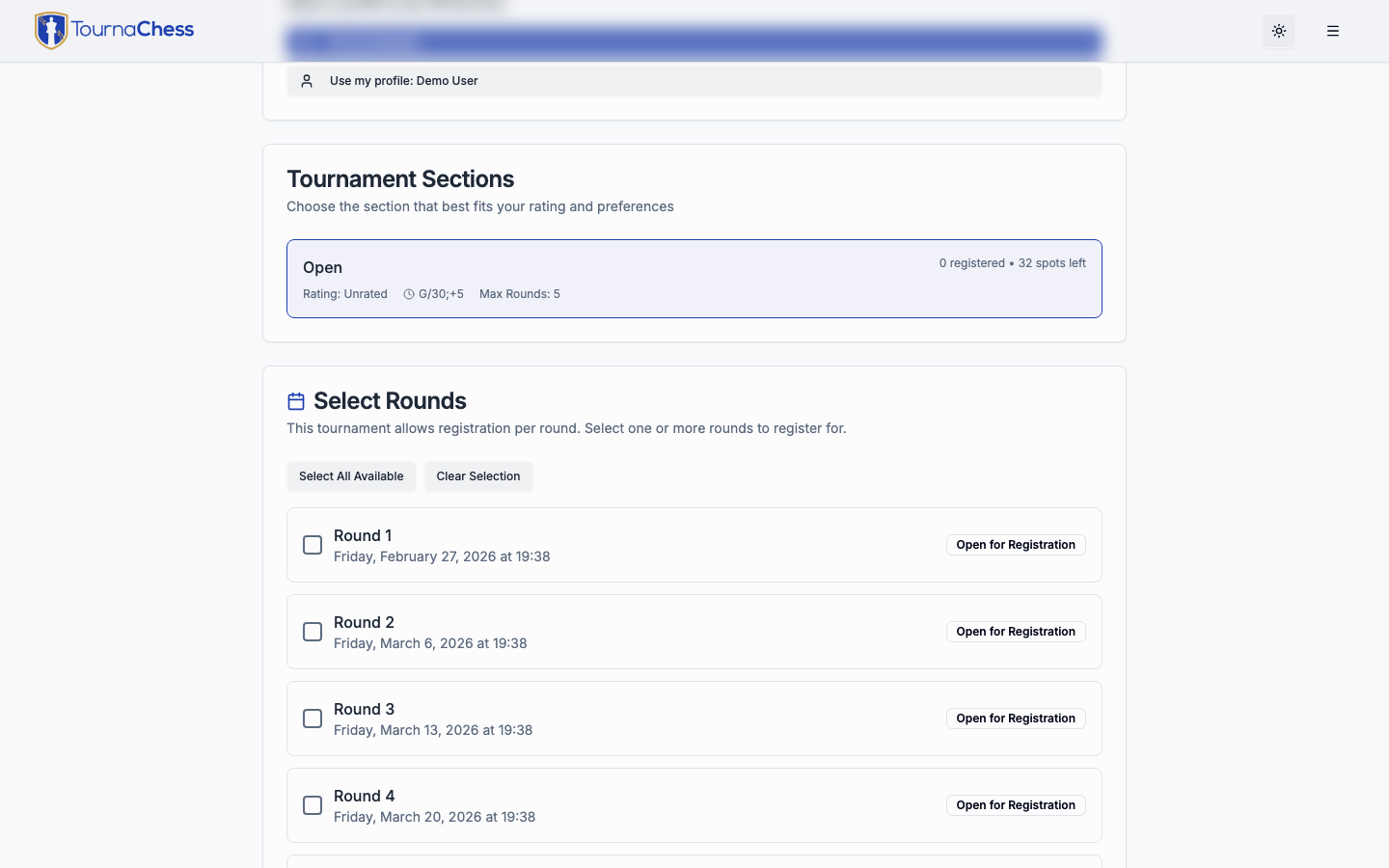 Round selection on the registration form